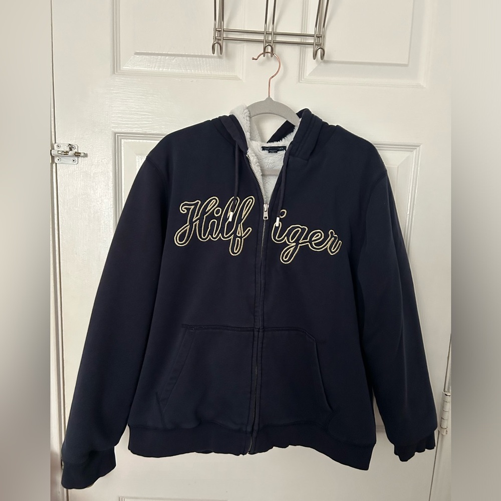 Tommy Hilfiger Navy Zip-Up Puffer Jacket with Script Logo